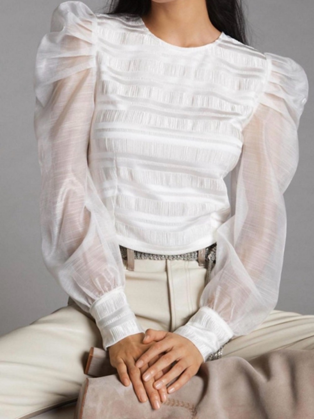 White Puff-Sleeve Sheer Blouse Dolan Anthropologie size small sheer stripe